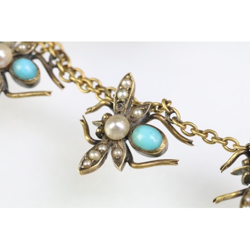 8 - 19th Century Victorian gold, turquoise and pearl bar bug brooch. The brooch having a knife bar with ... 