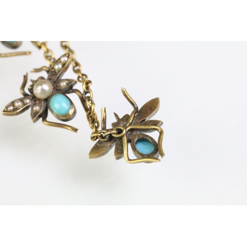 8 - 19th Century Victorian gold, turquoise and pearl bar bug brooch. The brooch having a knife bar with ... 