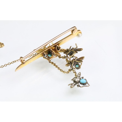 8 - 19th Century Victorian gold, turquoise and pearl bar bug brooch. The brooch having a knife bar with ... 