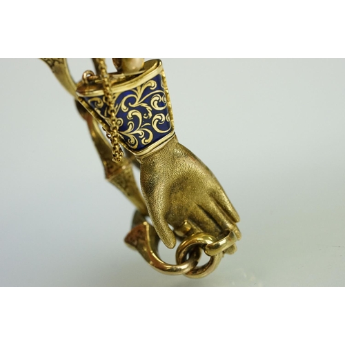 1 - 19th Century Victorian gold bracelet having a hand modelled clasp. The clasp having a blue enamelled... 