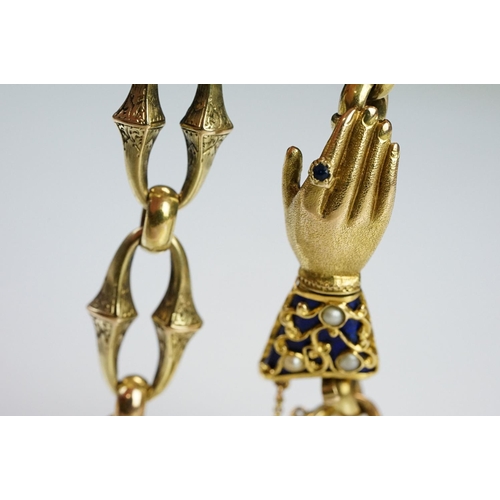 1 - 19th Century Victorian gold bracelet having a hand modelled clasp. The clasp having a blue enamelled... 