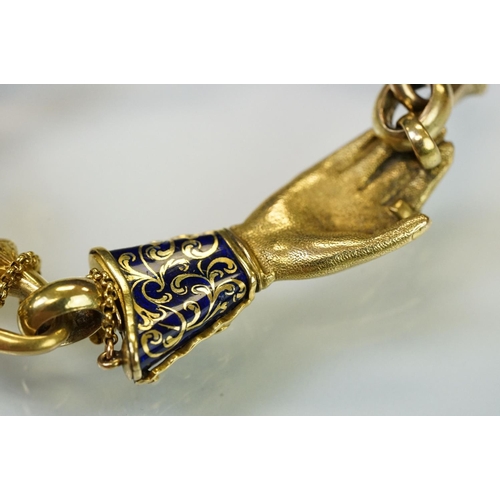 1 - 19th Century Victorian gold bracelet having a hand modelled clasp. The clasp having a blue enamelled... 