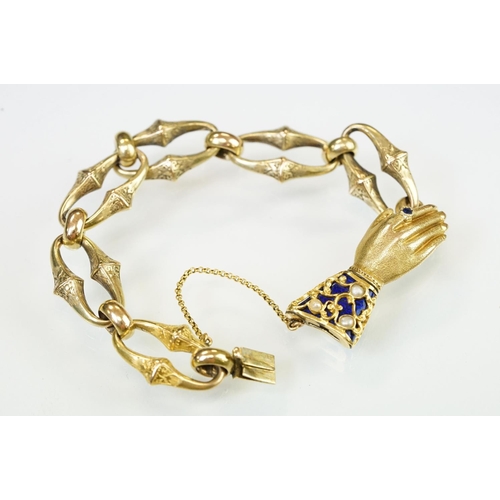 1 - 19th Century Victorian gold bracelet having a hand modelled clasp. The clasp having a blue enamelled... 