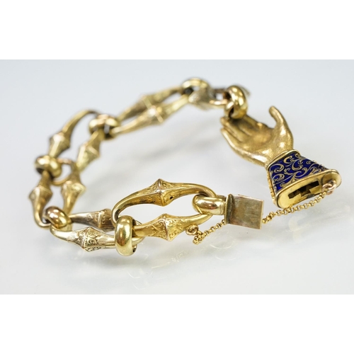 1 - 19th Century Victorian gold bracelet having a hand modelled clasp. The clasp having a blue enamelled... 