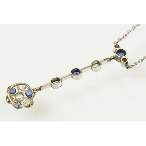 10 - Early 20th Century Edwardian sapphire and diamond pendant necklace. The necklace having a pendant dr... 