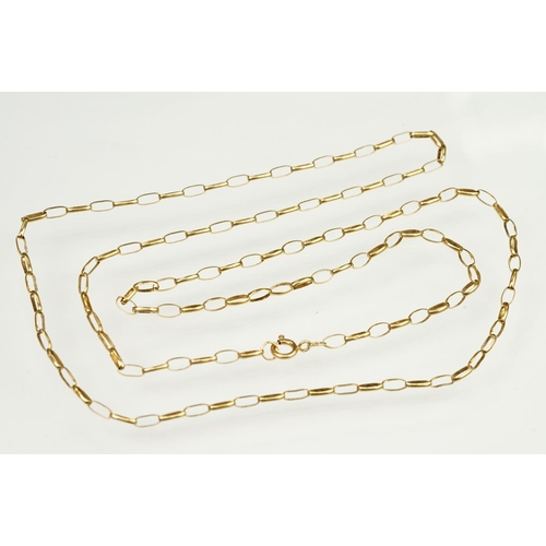 110 - 9ct gold oval link necklace chain with spring ring clasp. Marked 9k to clasp. Measures 80cm.