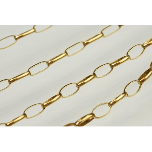 110 - 9ct gold oval link necklace chain with spring ring clasp. Marked 9k to clasp. Measures 80cm.