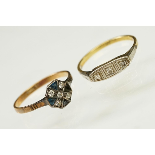 117 - Two Art Deco era gold rings to include an 18ct gold boat head ring set with three diamonds (marked 1... 