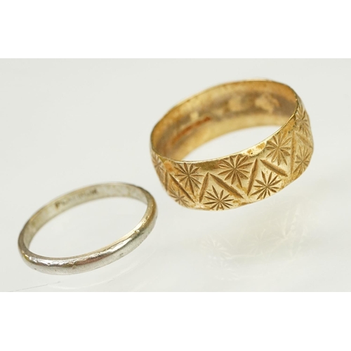 119 - 9ct gold band ring having engraved detailing to the band (hallmarked London 1982, size P.5), togethe... 