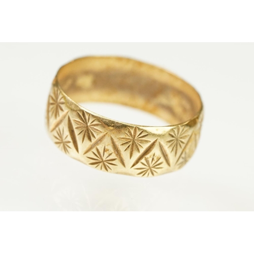 119 - 9ct gold band ring having engraved detailing to the band (hallmarked London 1982, size P.5), togethe... 