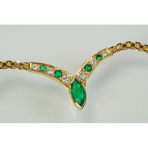 12 - Argenta 18ct gold emerald and diamond collar necklace. The neck having a V shaped panel set with a m... 