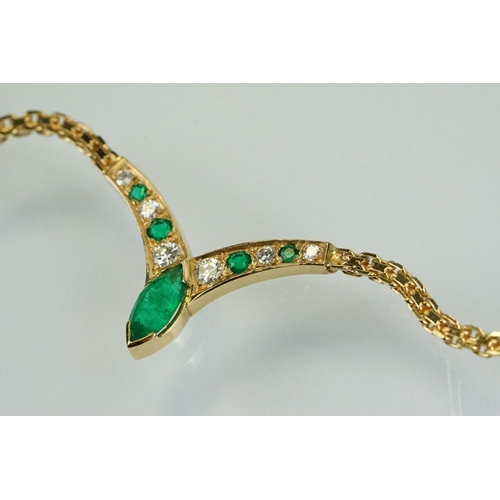 12 - Argenta 18ct gold emerald and diamond collar necklace. The neck having a V shaped panel set with a m... 