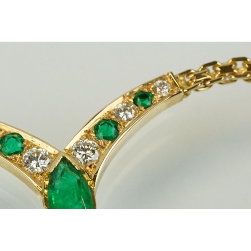 12 - Argenta 18ct gold emerald and diamond collar necklace. The neck having a V shaped panel set with a m... 