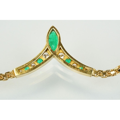 12 - Argenta 18ct gold emerald and diamond collar necklace. The neck having a V shaped panel set with a m... 