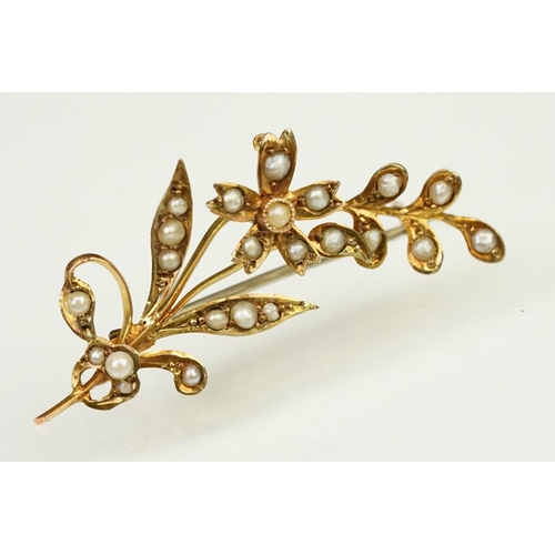 121 - Early 20th Century antique 9ct gold and seed pearl brooch in the form of a floral spray with hinge p... 