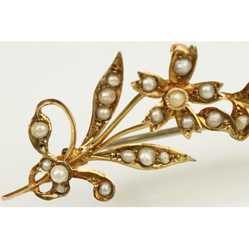 121 - Early 20th Century antique 9ct gold and seed pearl brooch in the form of a floral spray with hinge p... 