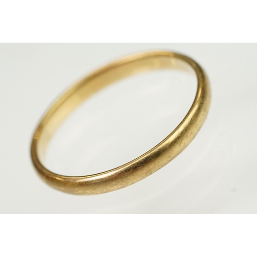 128 - Three 9ct gold hallmarked wedding band rings. The lot to include a wide band ring engraved Claire Lo... 