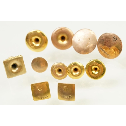 131 - Collection of 9ct gold collar / dress studs. Most hallmarked, 3 marked 9ct. Largest back measures 16... 