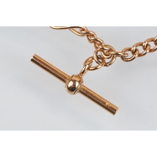 175 - 9ct rose gold figaro link necklace chain and bracelet, both having T bar pendants. Marked 375. Neckl... 