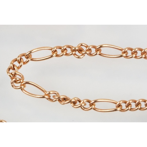 175 - 9ct rose gold figaro link necklace chain and bracelet, both having T bar pendants. Marked 375. Neckl... 