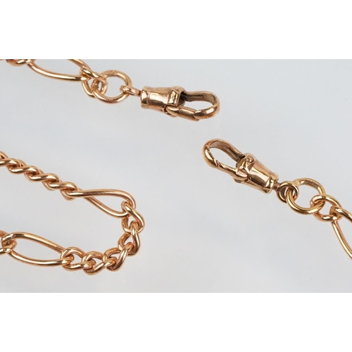 175 - 9ct rose gold figaro link necklace chain and bracelet, both having T bar pendants. Marked 375. Neckl... 