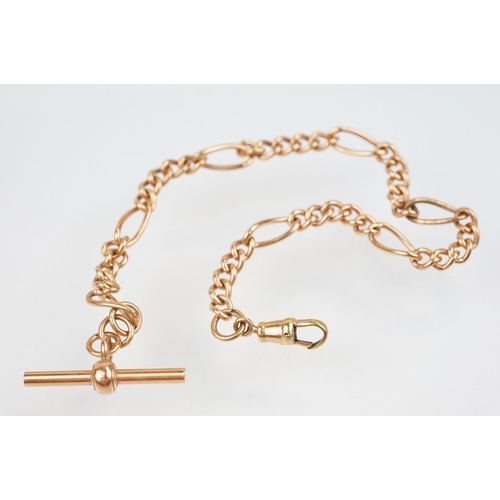 175 - 9ct rose gold figaro link necklace chain and bracelet, both having T bar pendants. Marked 375. Neckl... 