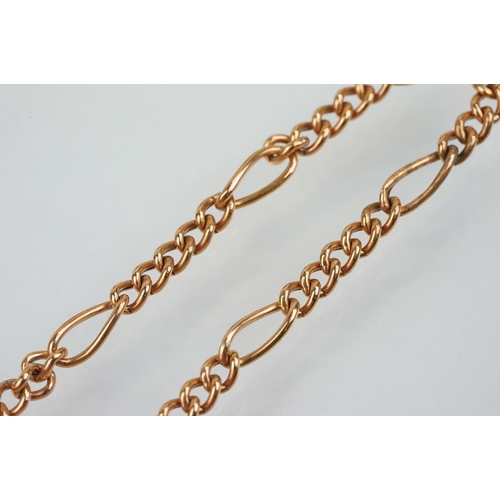 175 - 9ct rose gold figaro link necklace chain and bracelet, both having T bar pendants. Marked 375. Neckl... 