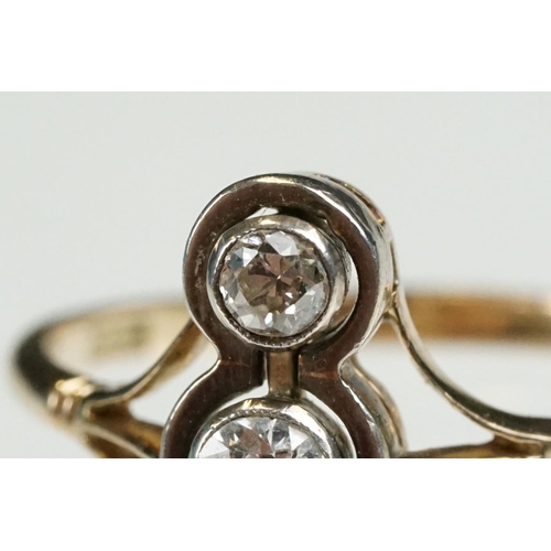 2 - Early 20th Century 18ct gold and diamond three stone ring. The ring being set with three round brill... 