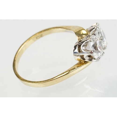 268 - 9ct gold and white stone toi et moi ring set with two round brilliant cut white stones. Hallmarked S... 