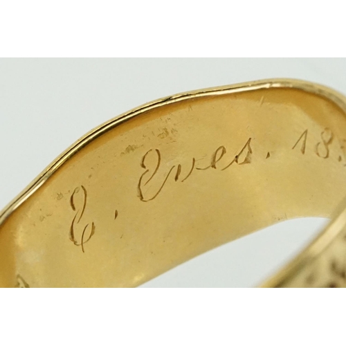 271 - 19th Century Victorian 18ct gold mourning ring with traces of black enamel and engraved dedication t... 