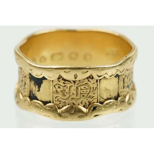 271 - 19th Century Victorian 18ct gold mourning ring with traces of black enamel and engraved dedication t... 