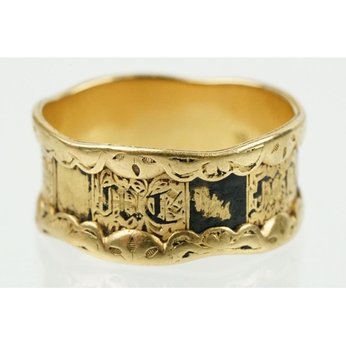 271 - 19th Century Victorian 18ct gold mourning ring with traces of black enamel and engraved dedication t... 