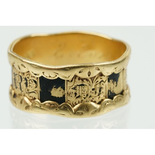 271 - 19th Century Victorian 18ct gold mourning ring with traces of black enamel and engraved dedication t... 