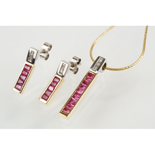 272 - 18ct two tone ruby and diamond set demi parure jewellery suite to include pendant channel set with t... 