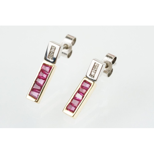 272 - 18ct two tone ruby and diamond set demi parure jewellery suite to include pendant channel set with t... 