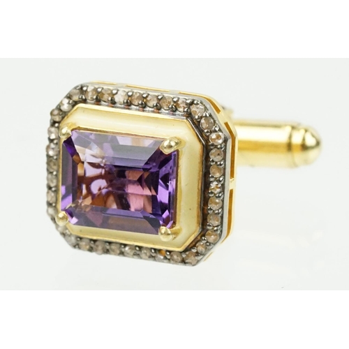 273 - Pair of silver amethyst and diamond set cufflinks being set with emerald cut amethysts to centre sur... 