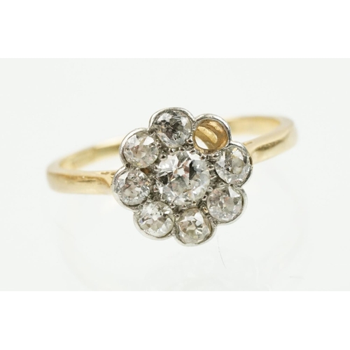 277 - Early 20th Century 18ct gold and diamond daisy cluster ring. The ring being set with eight old cut d... 