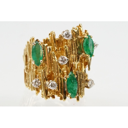 3 - Mid Century emerald and diamond bark effect modernist style ring. The ring having a textured bark ef... 