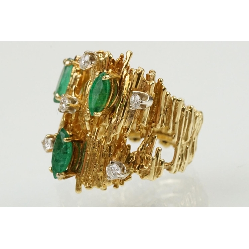 3 - Mid Century emerald and diamond bark effect modernist style ring. The ring having a textured bark ef... 