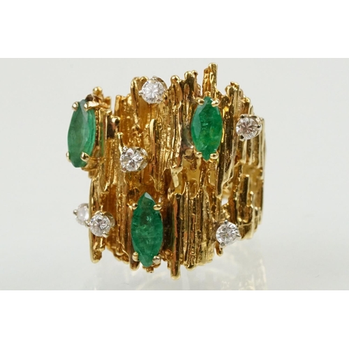 3 - Mid Century emerald and diamond bark effect modernist style ring. The ring having a textured bark ef... 