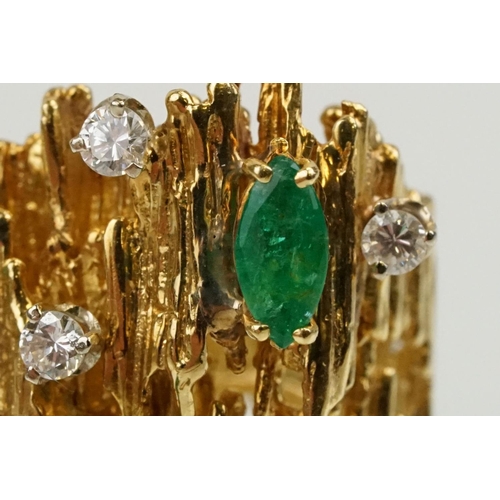 3 - Mid Century emerald and diamond bark effect modernist style ring. The ring having a textured bark ef... 