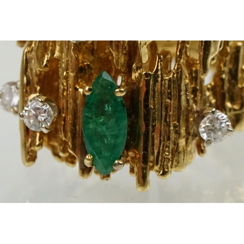 3 - Mid Century emerald and diamond bark effect modernist style ring. The ring having a textured bark ef... 