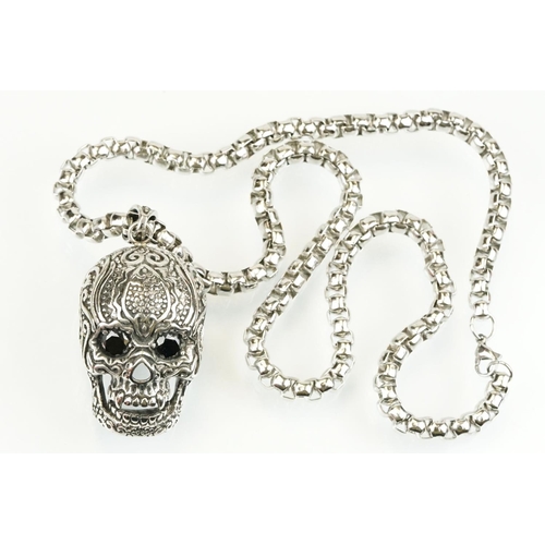 322 - Large stainless steel momento mori style skull pendant being set with black cubic zirconia eyes, mou... 