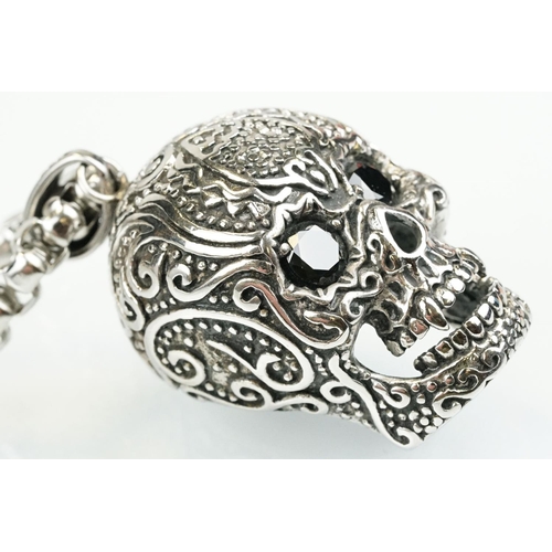 322 - Large stainless steel momento mori style skull pendant being set with black cubic zirconia eyes, mou... 