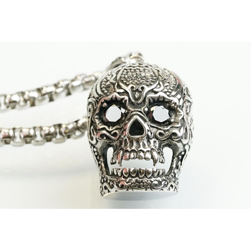 322 - Large stainless steel momento mori style skull pendant being set with black cubic zirconia eyes, mou... 