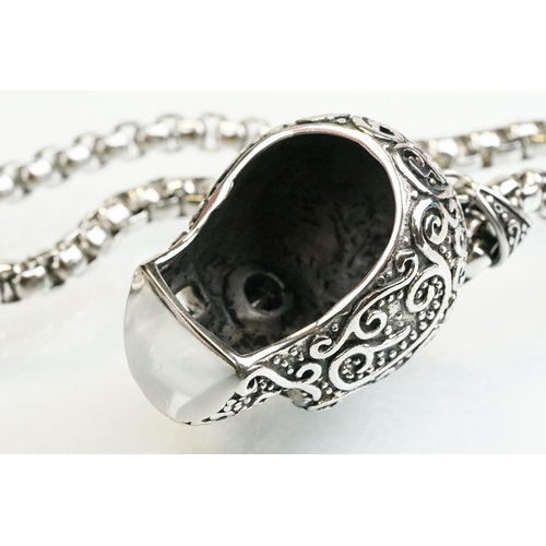 322 - Large stainless steel momento mori style skull pendant being set with black cubic zirconia eyes, mou... 