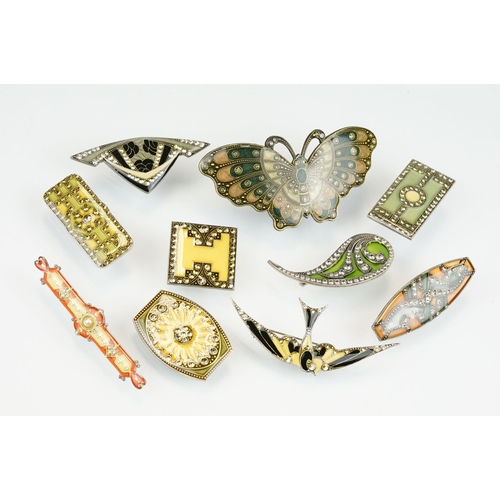 330 - Collection of Catherine Popesco brooches, each in the art deco style, enamelled and set with with st... 