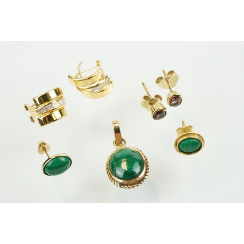 331 - Pair of 14ct gold and amethyst stud earrings (backs marked 585), two gold and malachite stud earring... 