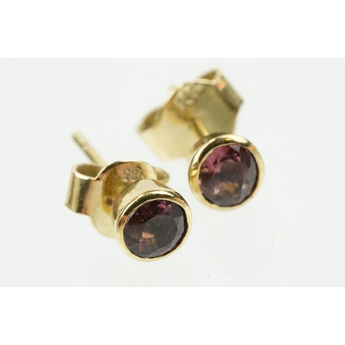 331 - Pair of 14ct gold and amethyst stud earrings (backs marked 585), two gold and malachite stud earring... 