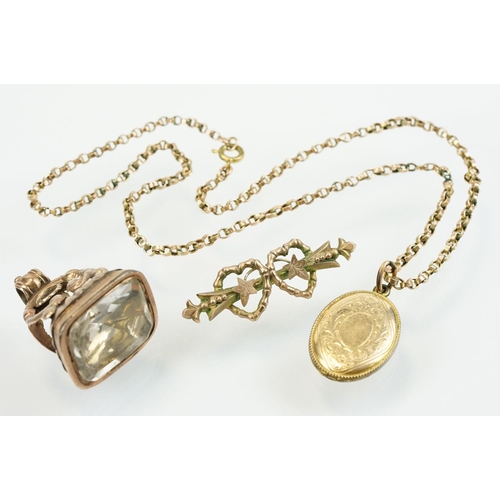 332 - Gold front and back locket mounted to a gold plated belcher link chain, Victorian 9ct gold mourning ... 